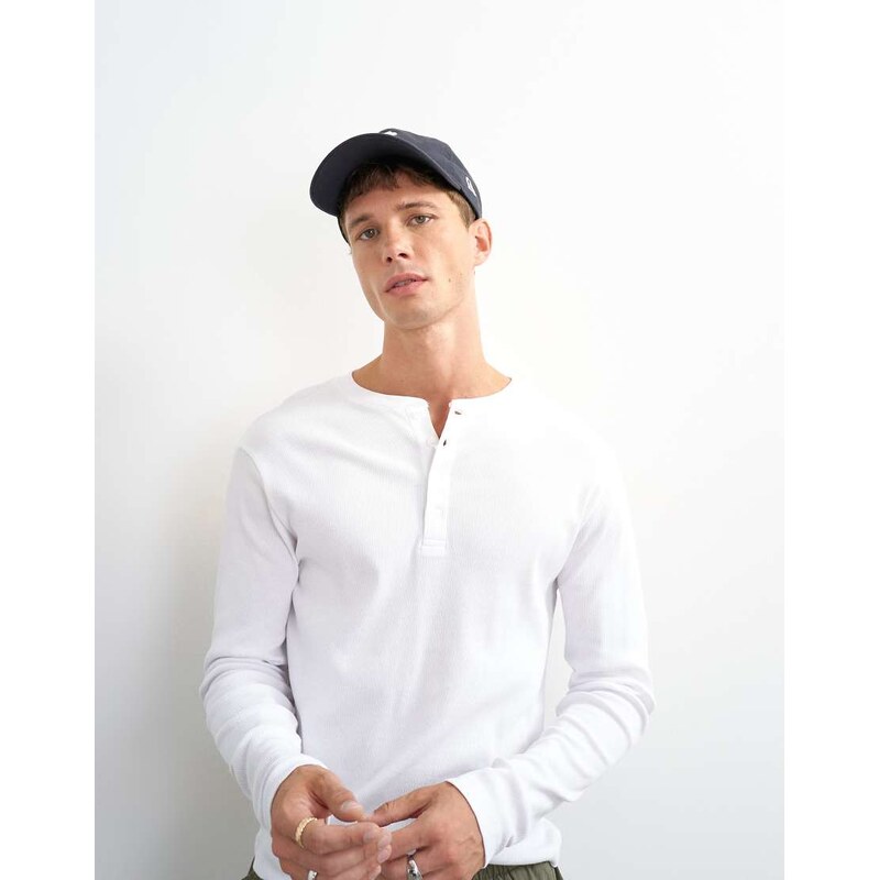 Topman classic fit long sleeve rib henley t-shirt in white