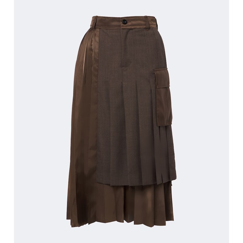Sacai Layered pleated wool-trimmed midi skirt