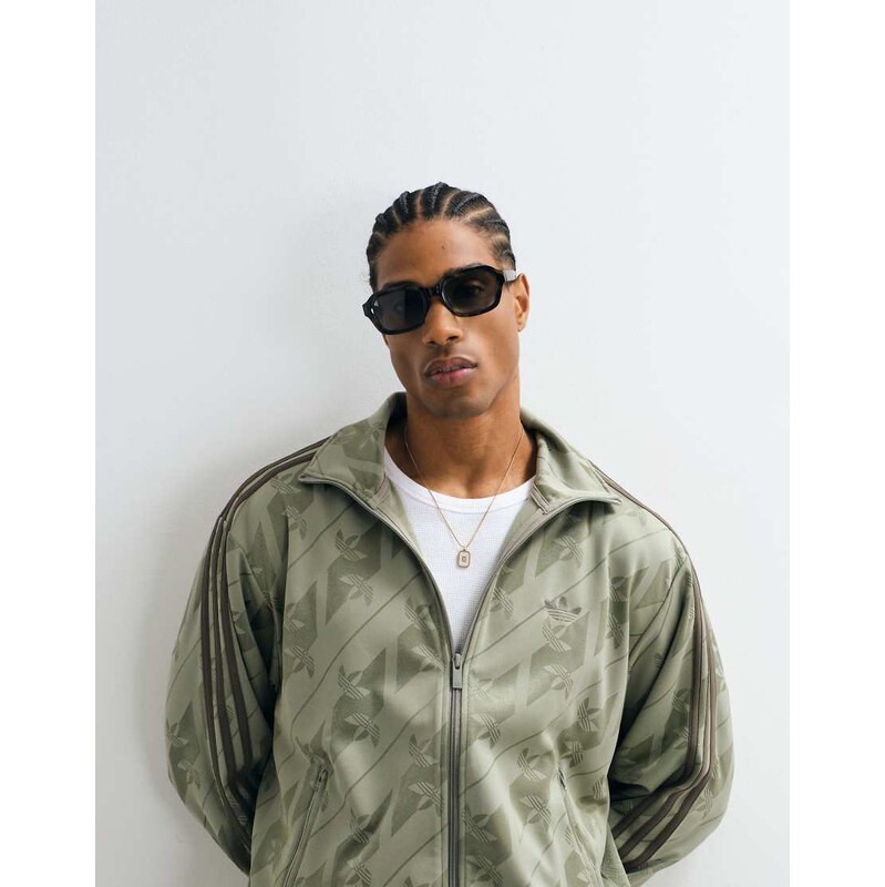 adidas Originals firebird track top in khaki monogram-Green