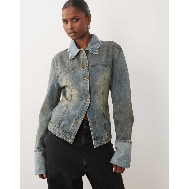 Lioness The Bronx fitted wide cuff detail denim jacket in stone