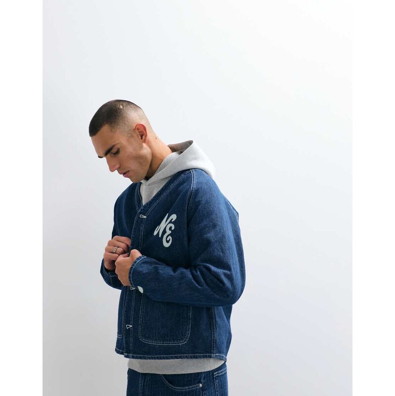 New Era logo button up v-neck denim jacket in midwash blue