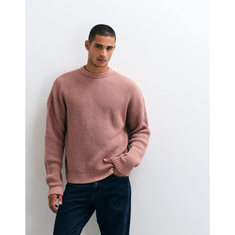 ASOS DESIGN oversized chunky waffle knitted jumper in pink