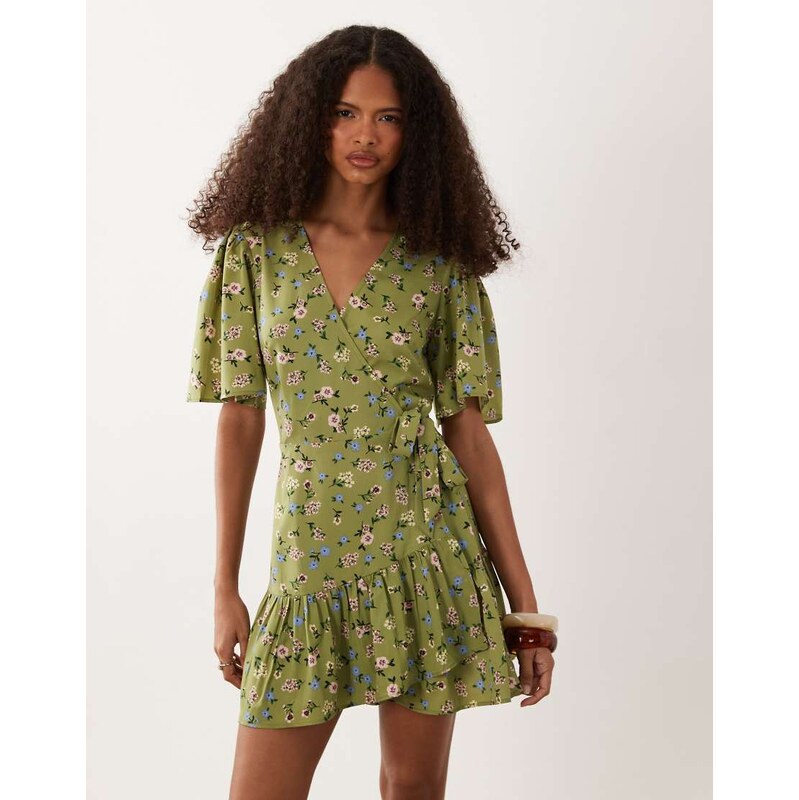 Wednesdays Girl floral wrap detail flutter sleeve mini dress in