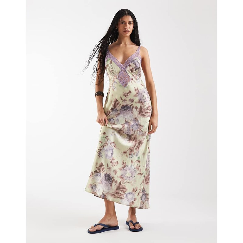 Reclaimed Vintage maxi tea dress with lace inserts in green