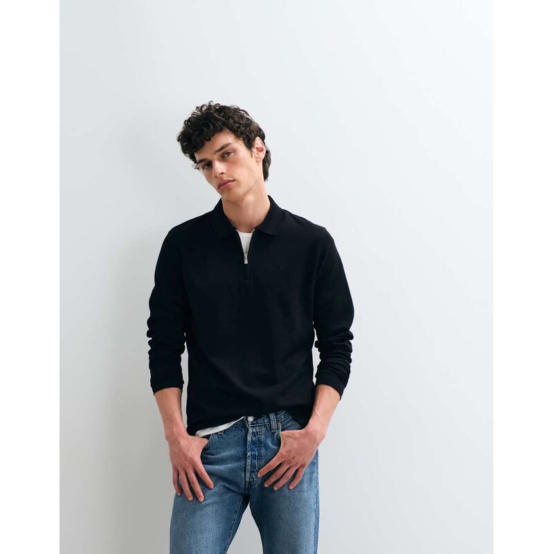 Jack & Jones long sleeve zip polo top in black