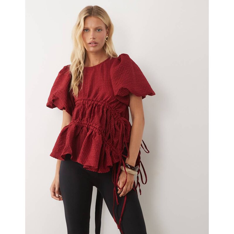 Ghospell exclusive cotton bubble drawstring detail top in