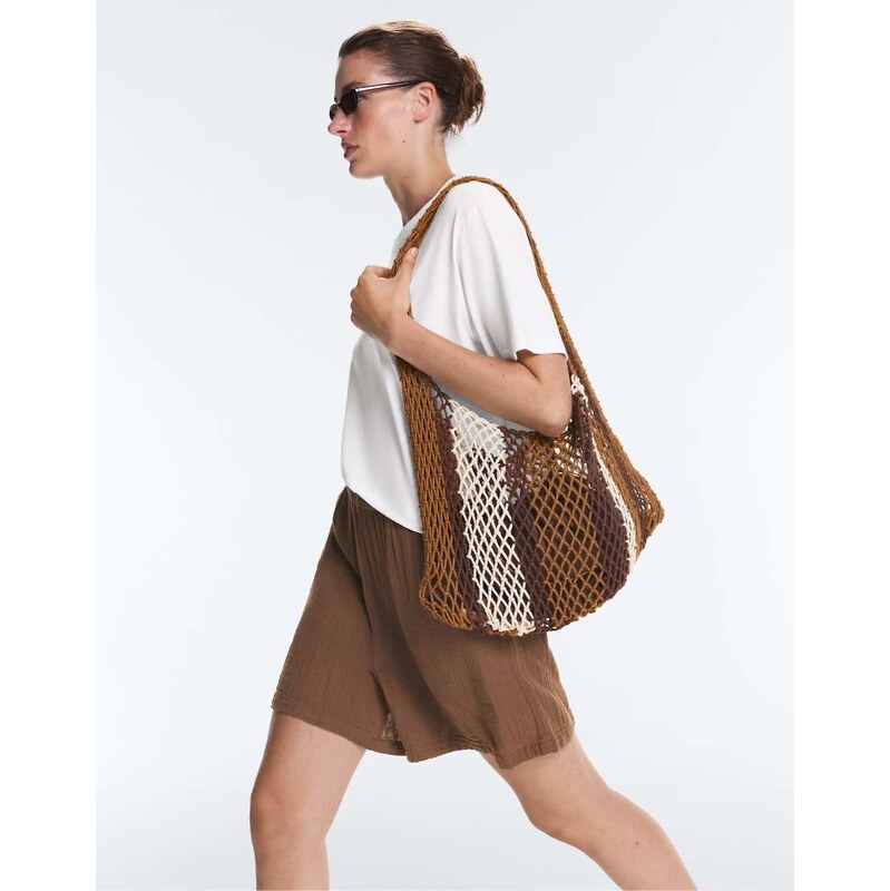 OYSHO Striped net shoulder bag in brown