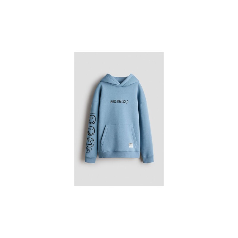 H&M - Mikinas kapucí, potiskem a česaným rubem - Tlumená Modrá