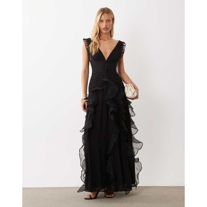 ASOS LUXE ruched maxi dress with waterfall detail in black