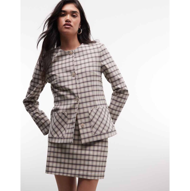 ASOS DESIGN tailored collarless jacket in check-Multi