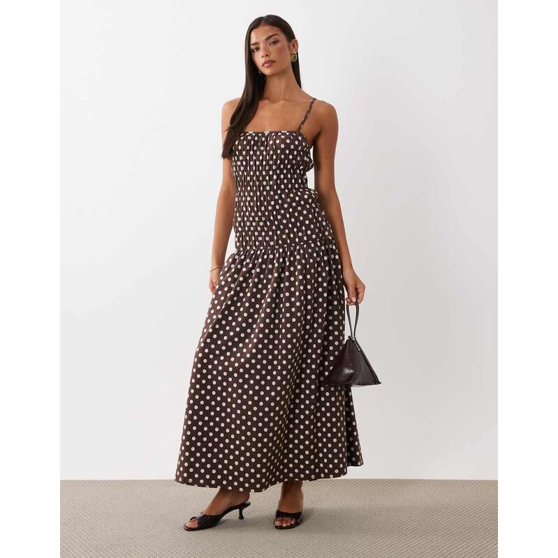 ASOS DESIGN ruched waist maxi dress in brown spot-Multi