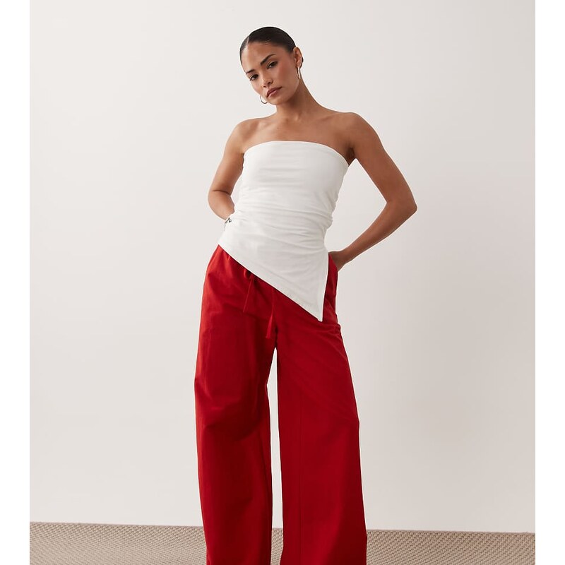 Miss Selfridge Petite linen blend wide leg trouser in red