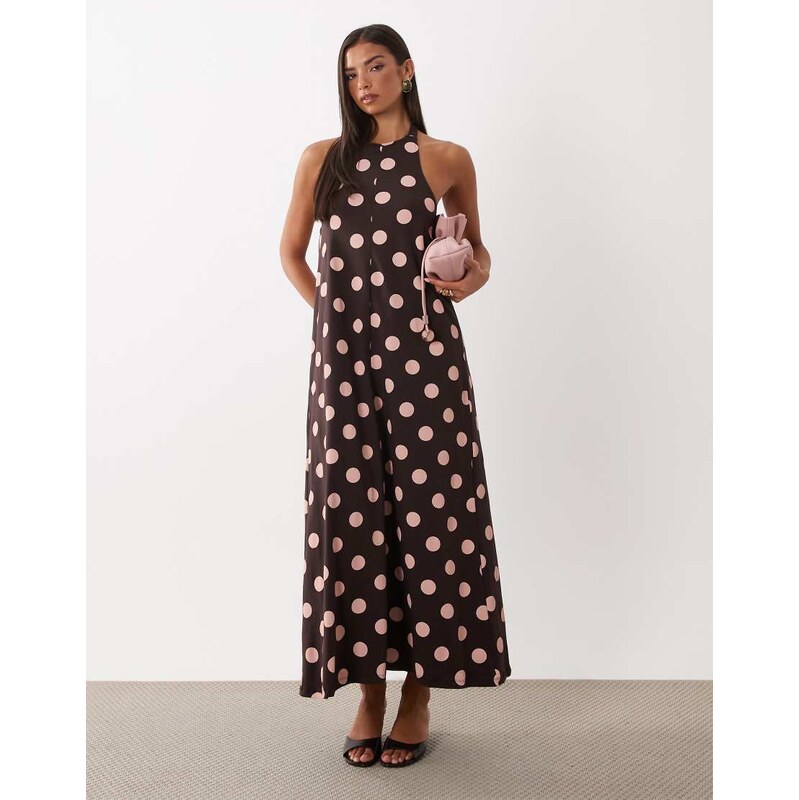 ASOS DESIGN polka dot trapeze midi dress in brown and pink-Multi