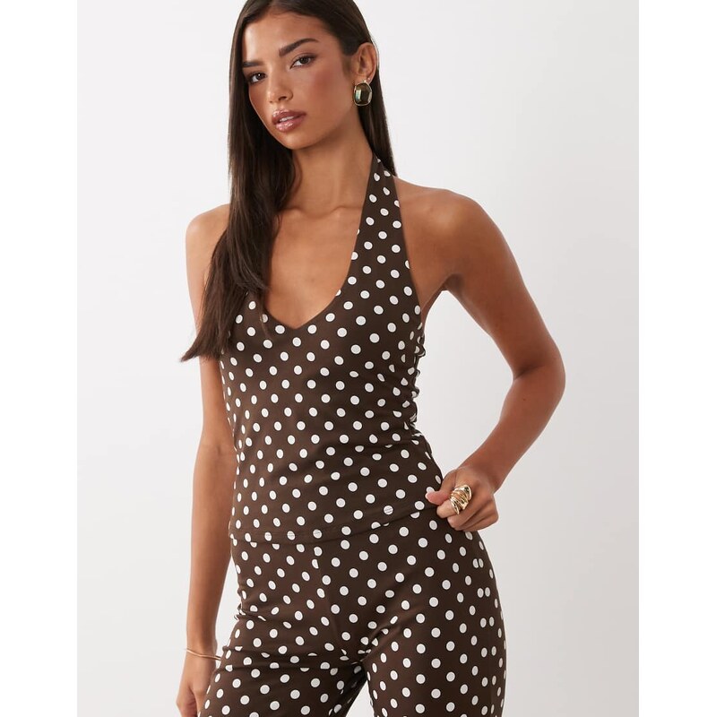 ASOS DESIGN polka dot co-ord halter top co-ord in choc-Multi