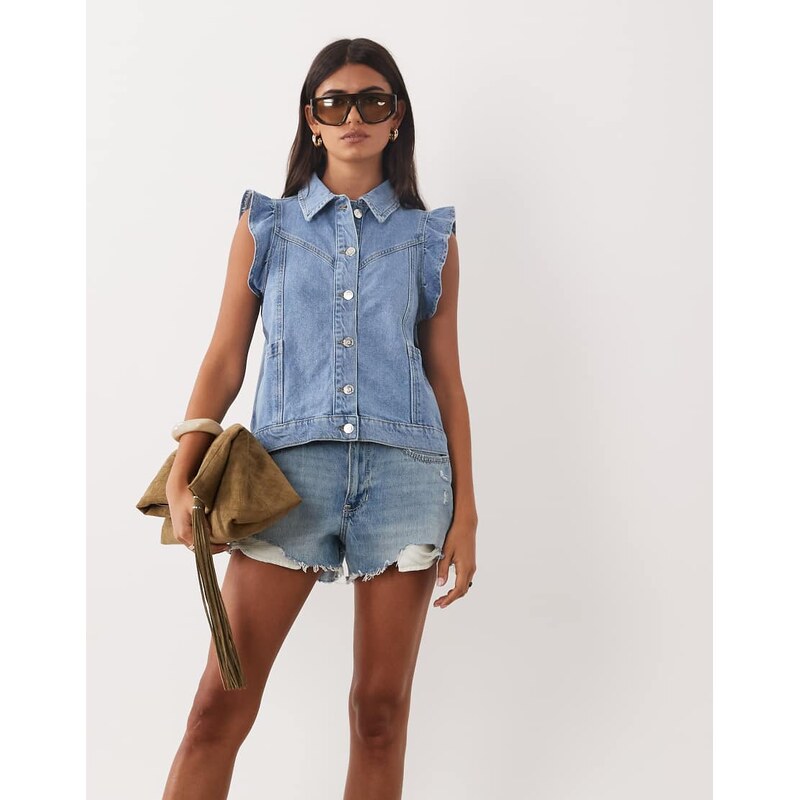 Miss Selfridge flare sleeve denim waistcoat in light wash-Blue
