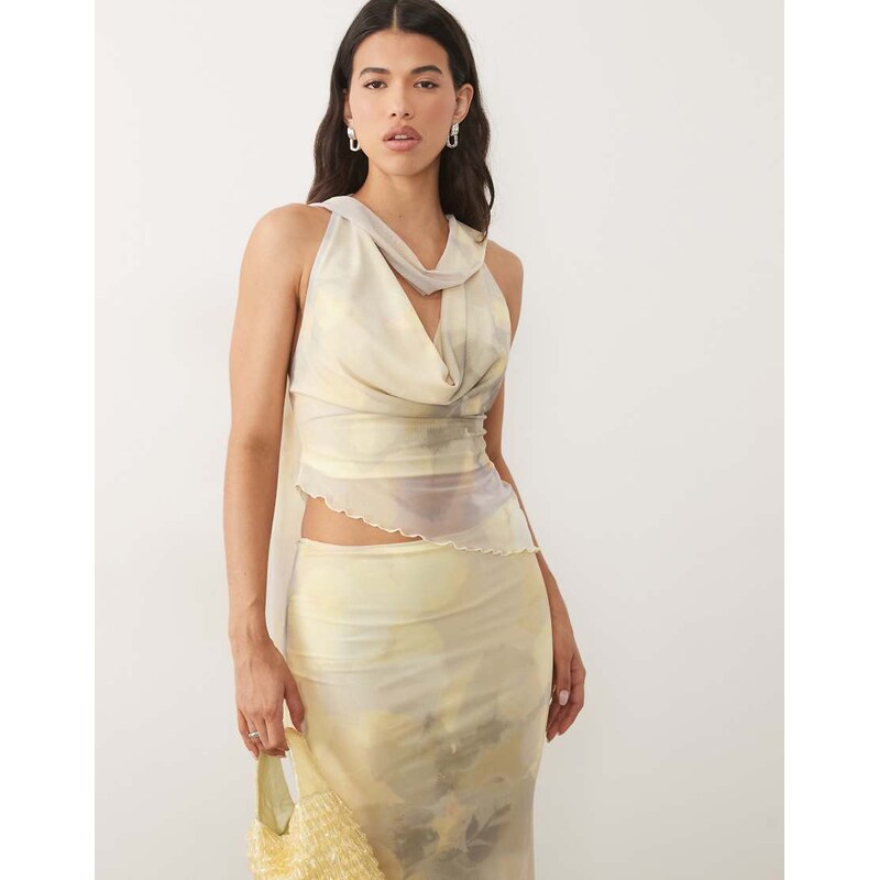 ASOS DESIGN co-ord printed mesh cowl drape top in blurred floral