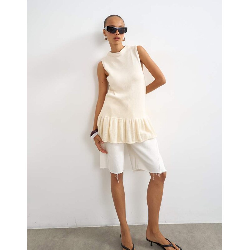 Topshop knitted sleeveless longline top in ecru-White