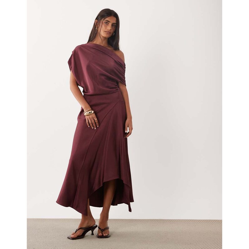 Mango one shoulder satin midi dress in rose-Red