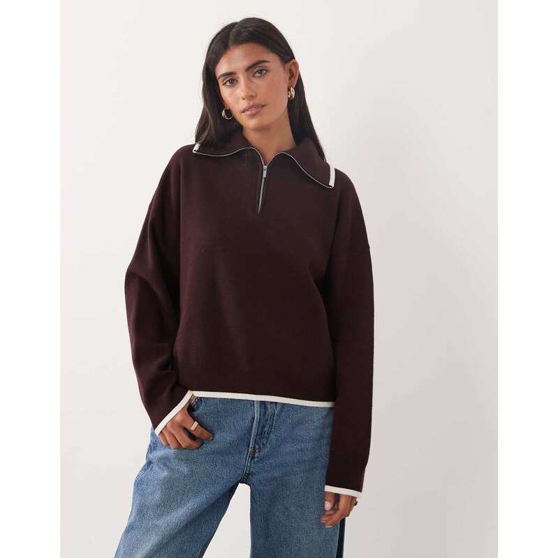 Mango quarter zip knitted jumper in burgundy-Red