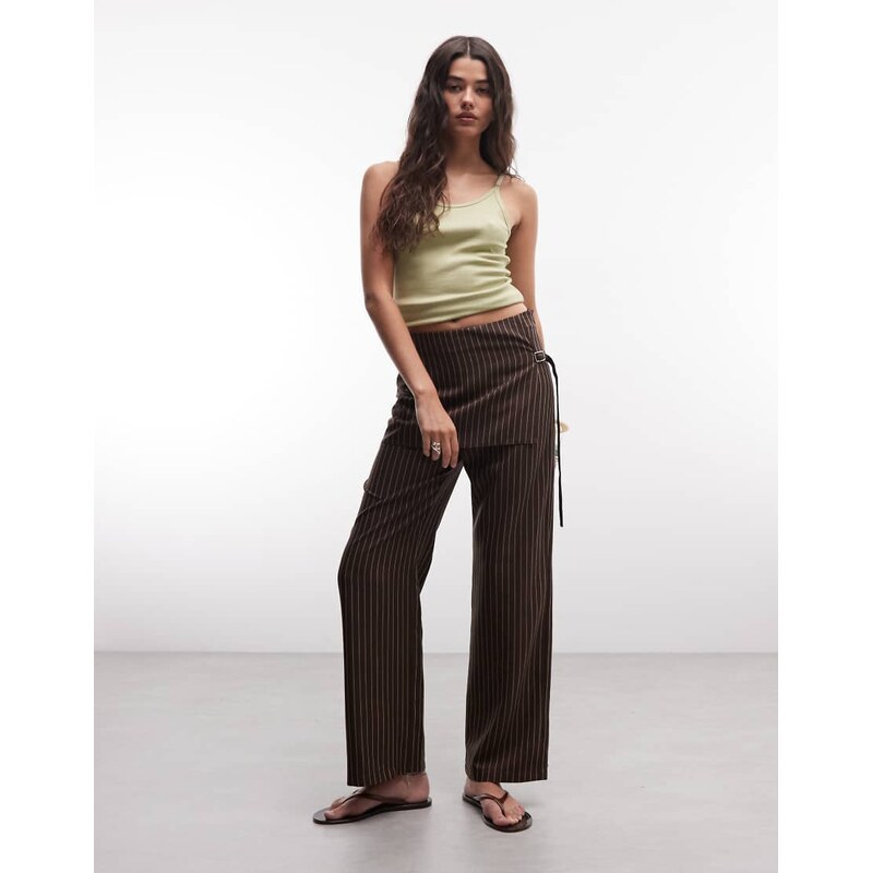 COLLUSION side tie skirt trouser in chocolate pinstripe-Brown