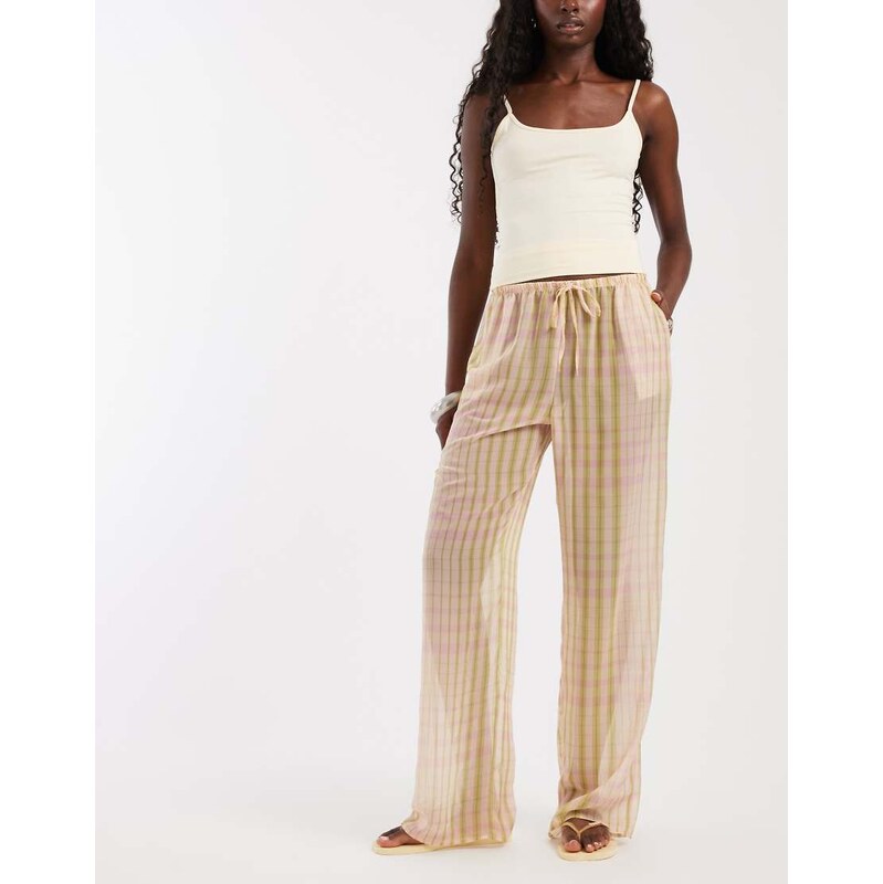 ASOS DESIGN chiffon wide leg pull on trouser in pink gingham co
