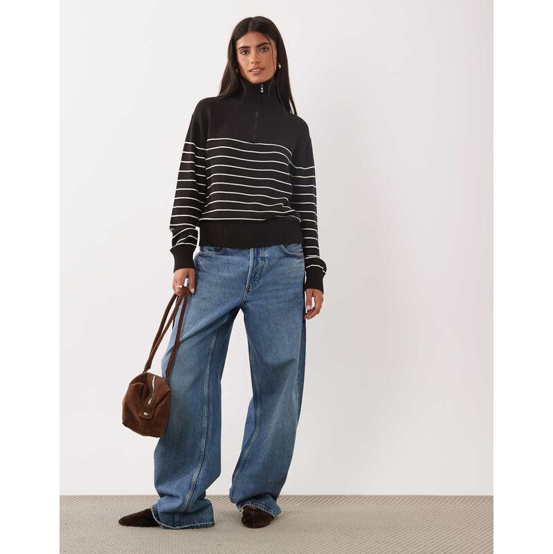 Mango quarter zip jumper in brown stripe