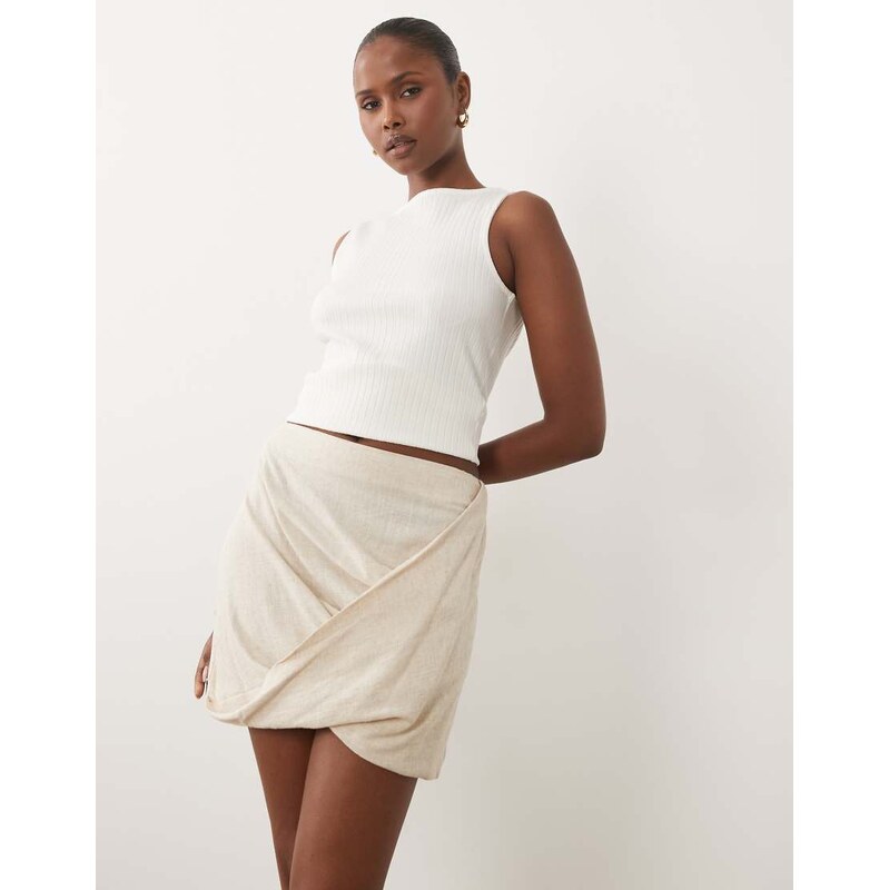 ASOS DESIGN linen mini skirt with hem twist in neutral