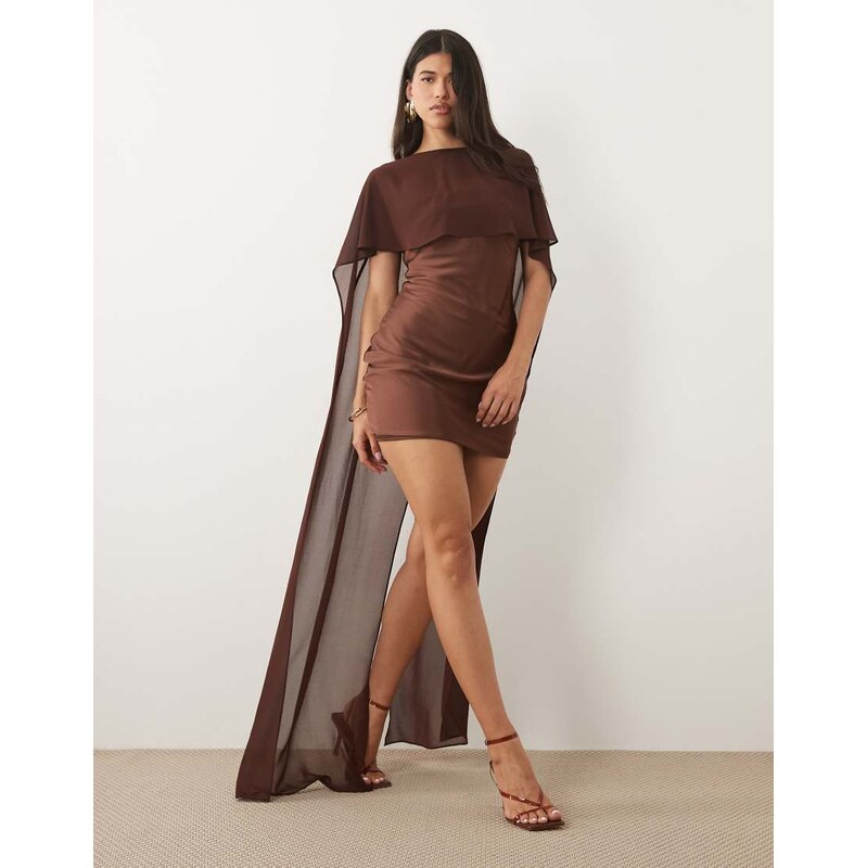 TFNC satin mini dress with mesh cape and skirt in chocolate