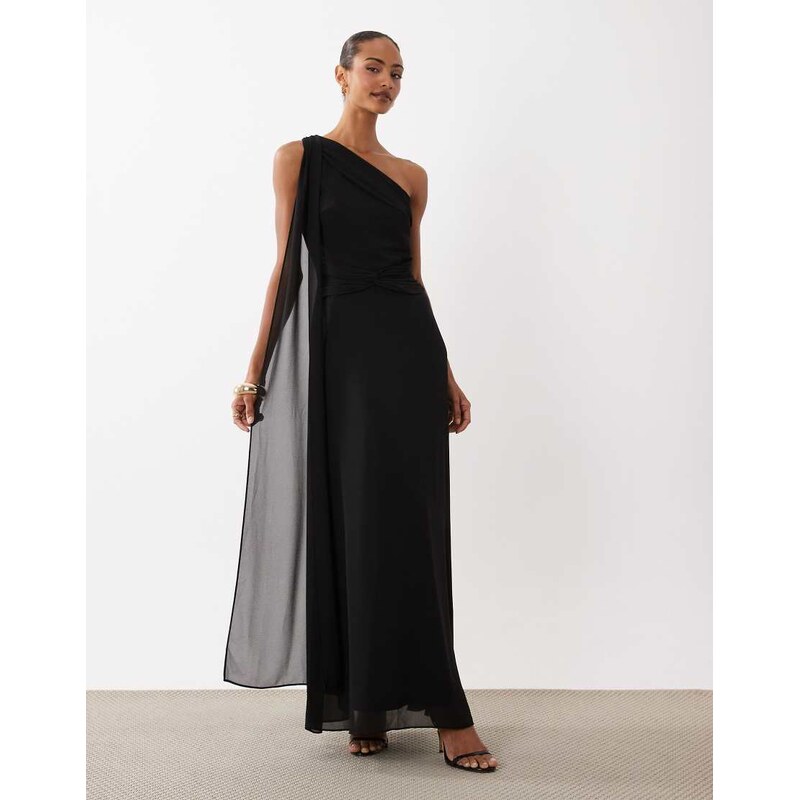 TFNC chiffon one shoulder twist waist draped maxi dress in black
