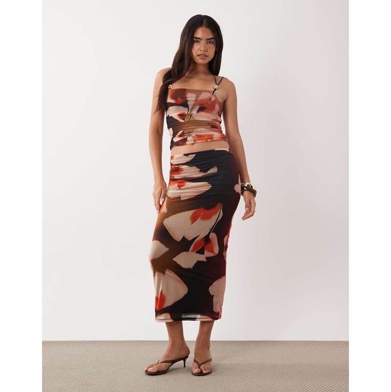 ASOS DESIGN co-ord mesh midi skirt with ruching in red bloom
