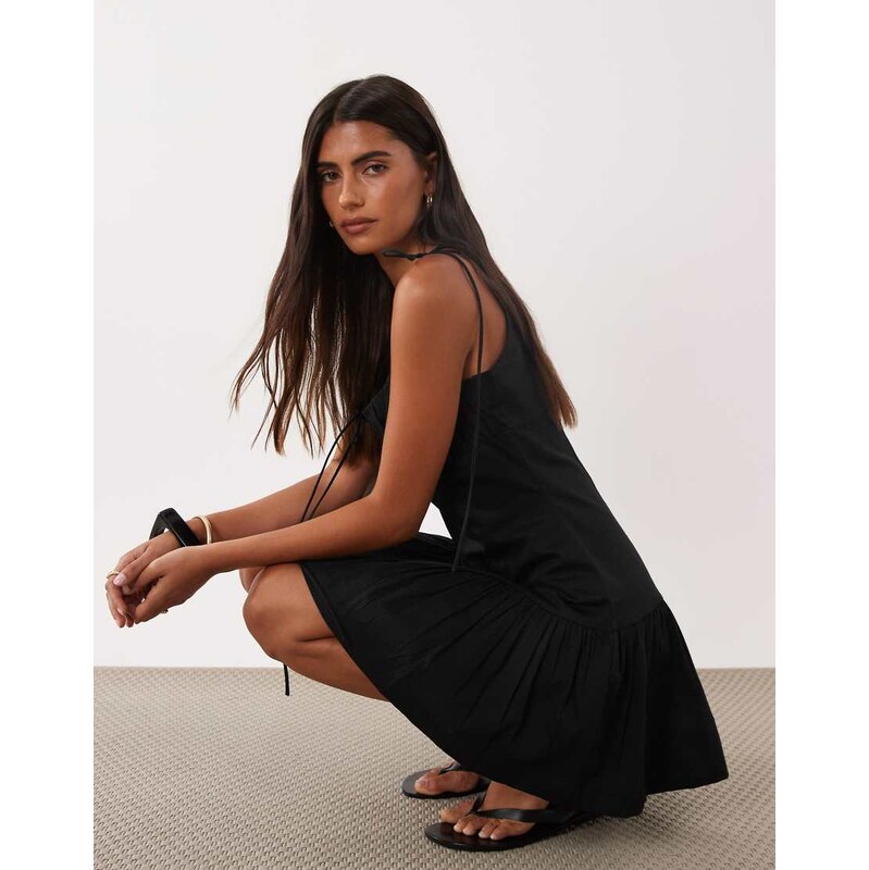 ASOS DESIGN structured cotton sateen tie bust dropped waist mini