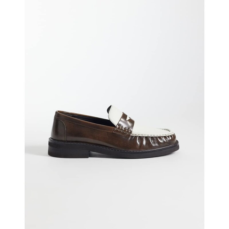 ASOS DESIGN penny loafers with ruched apron in brown and cream