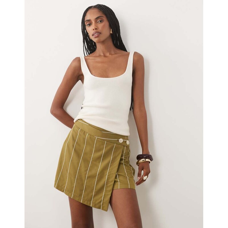 ASOS DESIGN button through skort in olive stripe-Multi