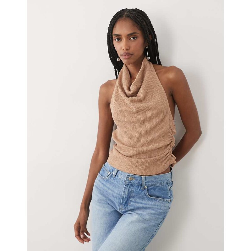 Miss Selfridge halterneck top in stone-Neutral