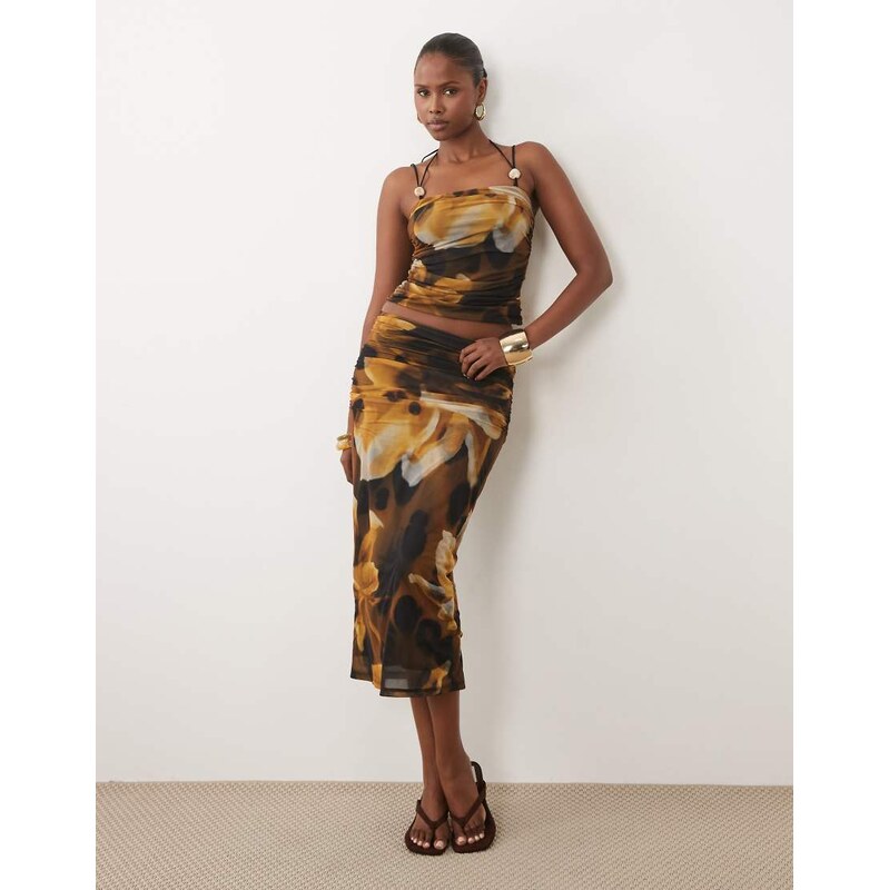 ASOS DESIGN co-ord mesh midi skirt with ruching in blurred