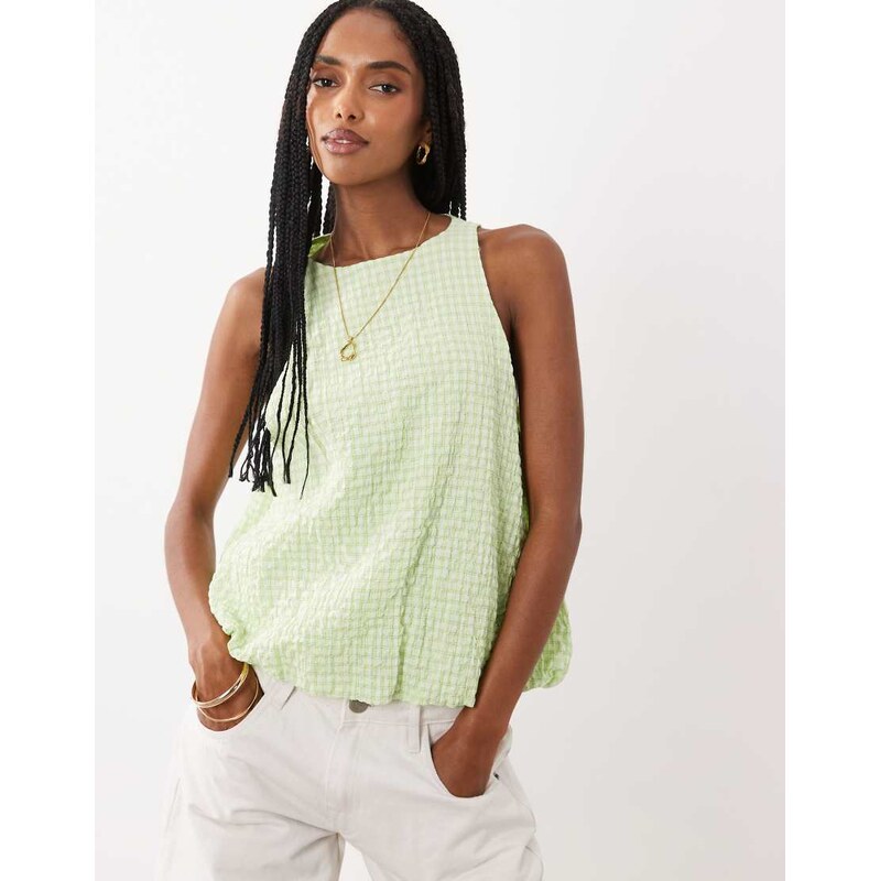 ASOS DESIGN bubble hem halter neck top co ord in green check