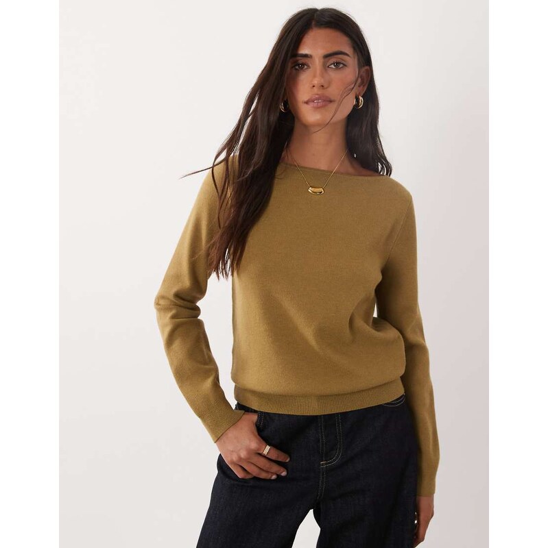 Mango boat neck jumper in khaki-Green