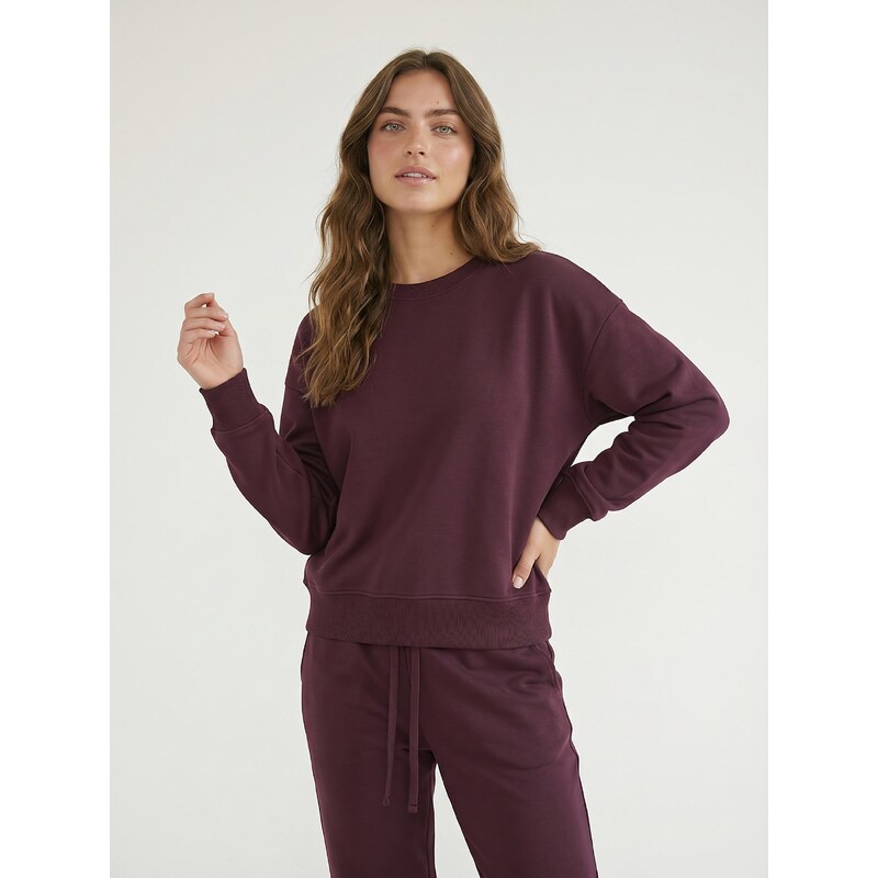 Sinsay - Basic mikina crewneck - mahaghonová