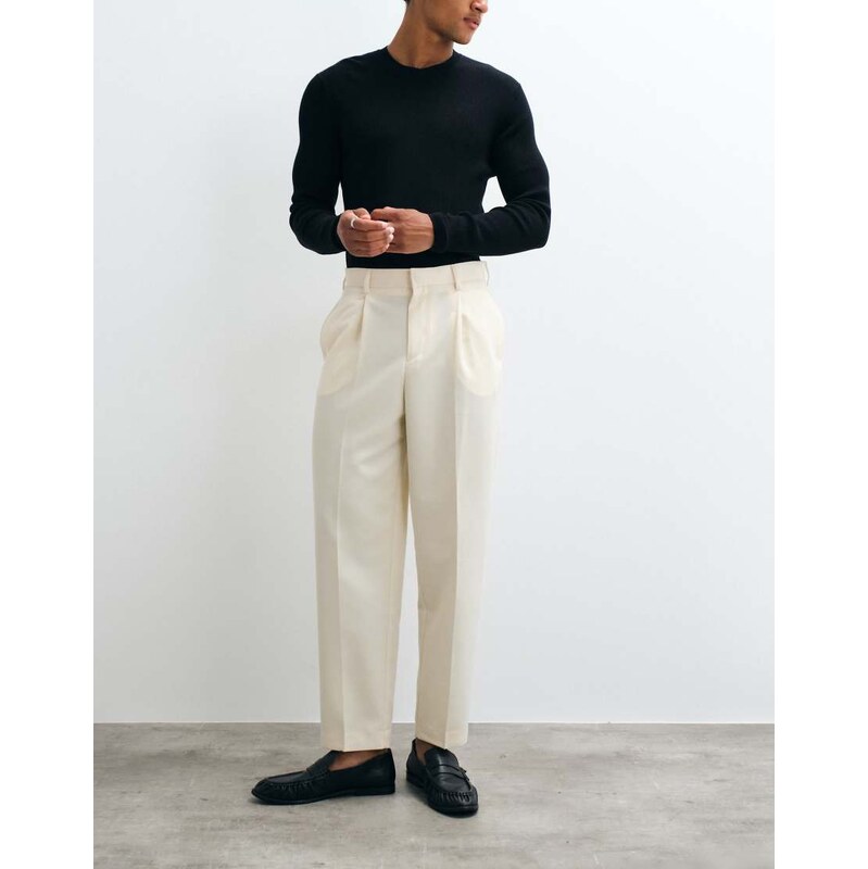 ASOS DESIGN smart pleated relaxed tapered trousers in butter