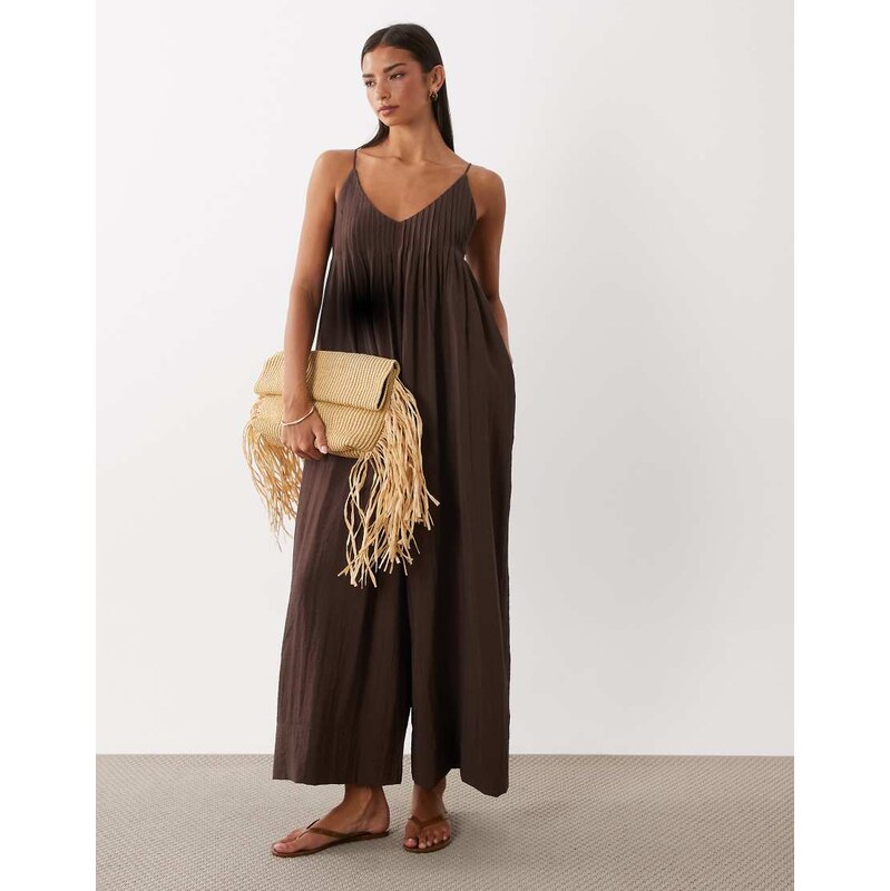ASOS DESIGN wide leg jumpsuit with pintuck detail in chocolate
