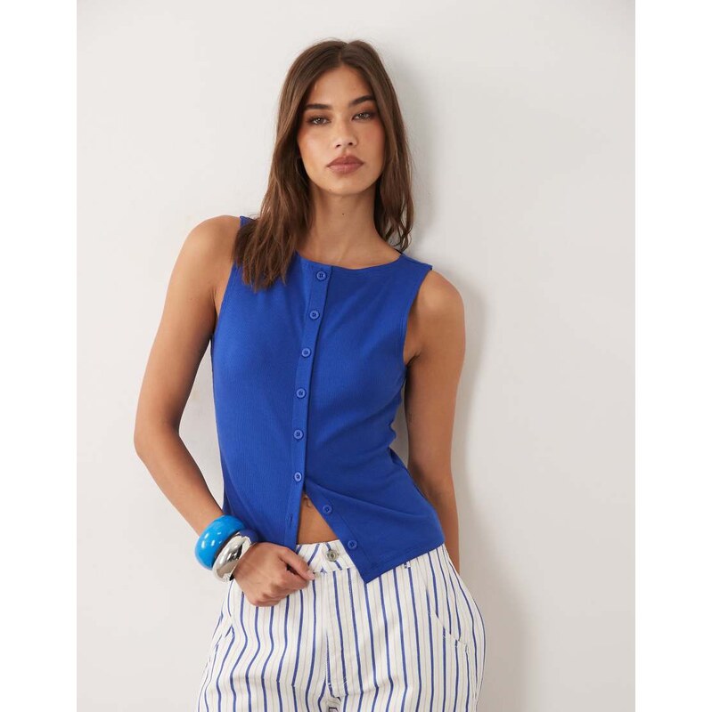 ASOS DESIGN boat neck tank with buttons in bright blue