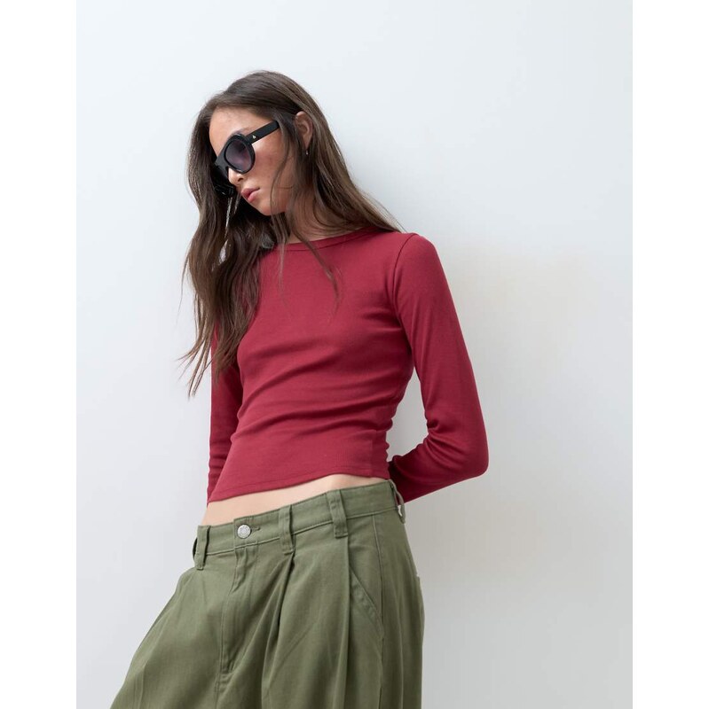 ASOS DESIGN rib crew neck long sleeve top in deep red