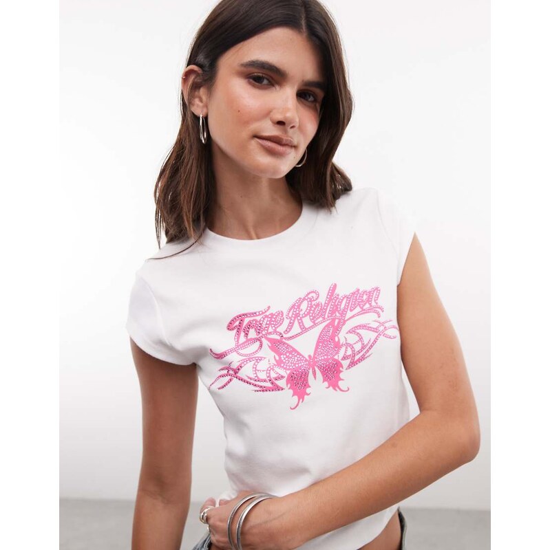 True Religion logo crystal embellished crop top with side