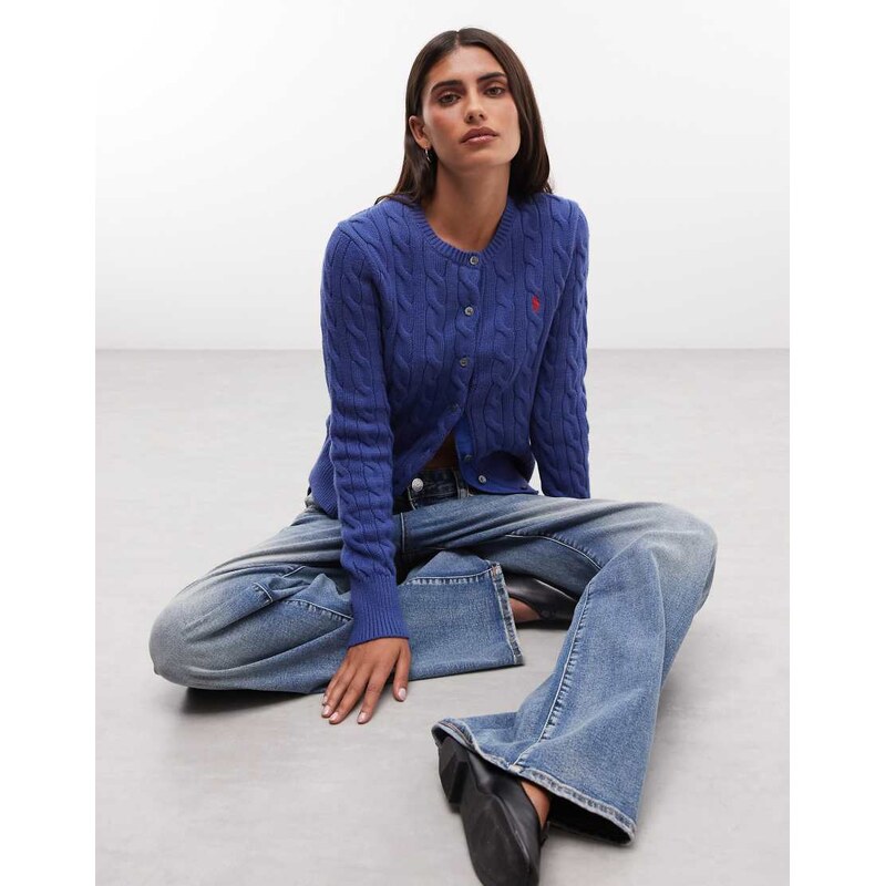 Polo Ralph Lauren icon logo cotton cable knit cardigan in blue