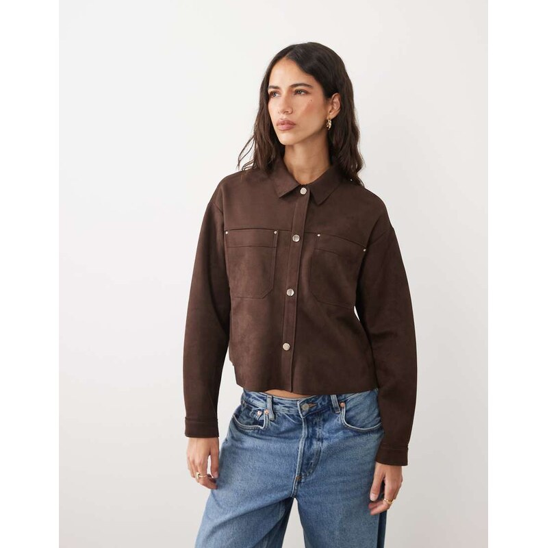 JDY faux suede overshirt in chocolate brown