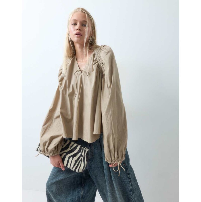 ASOS DESIGN ruched detail long sleeve top in stone-Brown