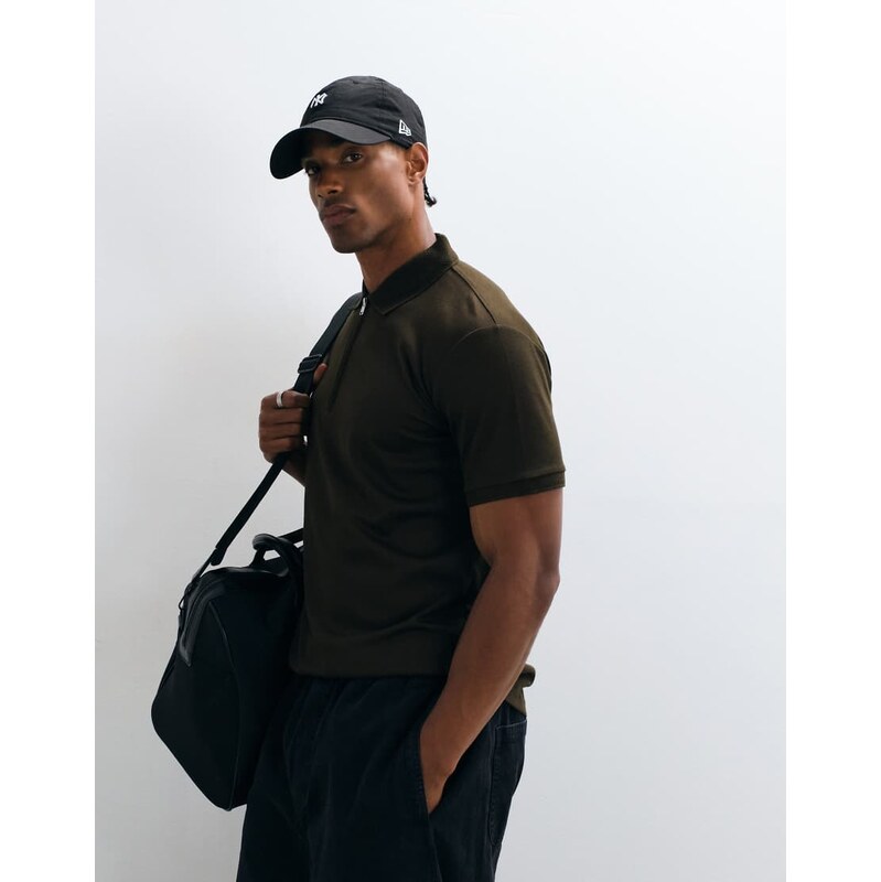 Selected half zip polo in brown