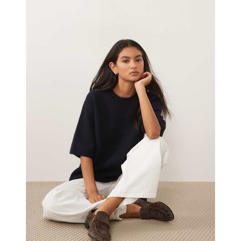 ARKET alpaca and wool blend short sleeve jumper in dark blue