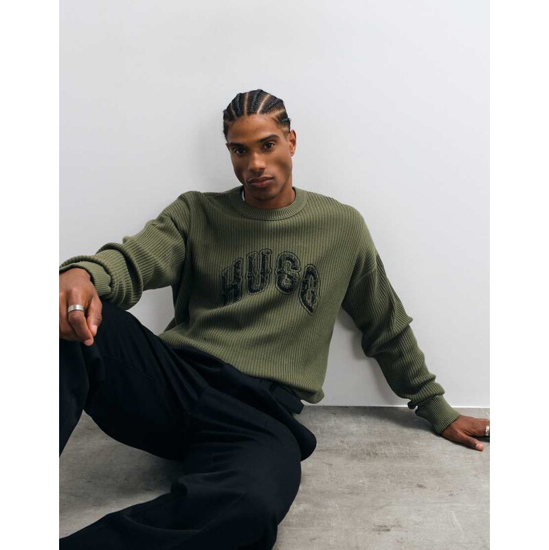 HUGO Blue Showdy chest script sweatshirt in green