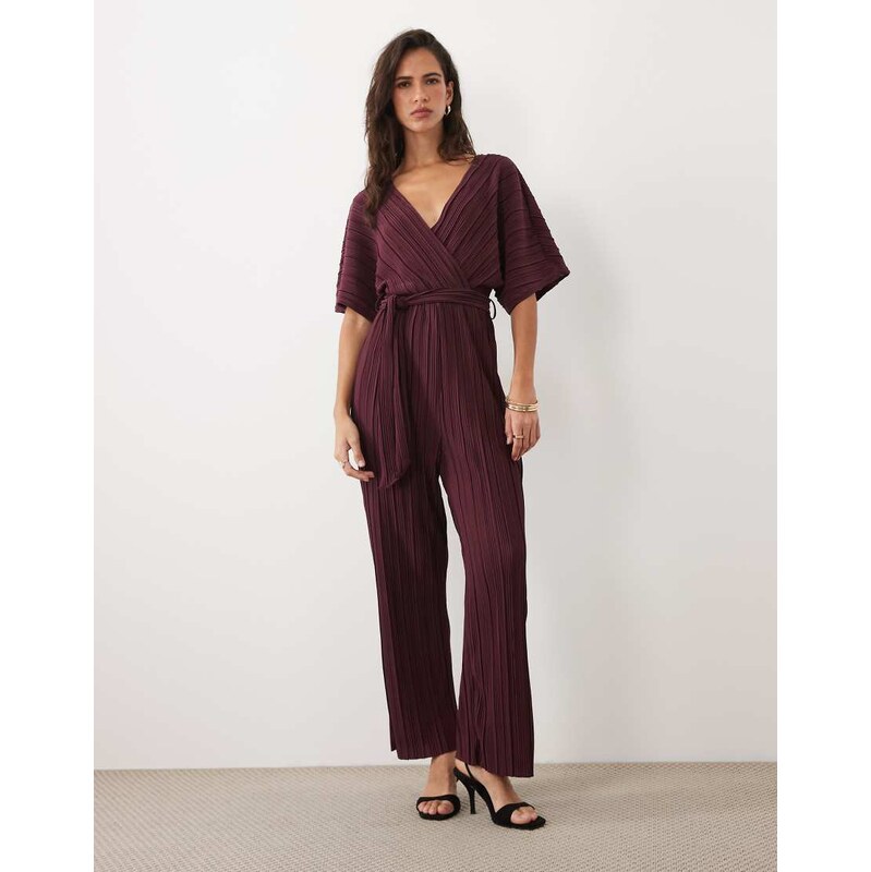 YAS tie waist plisse jumpsuit in burgundy-Red